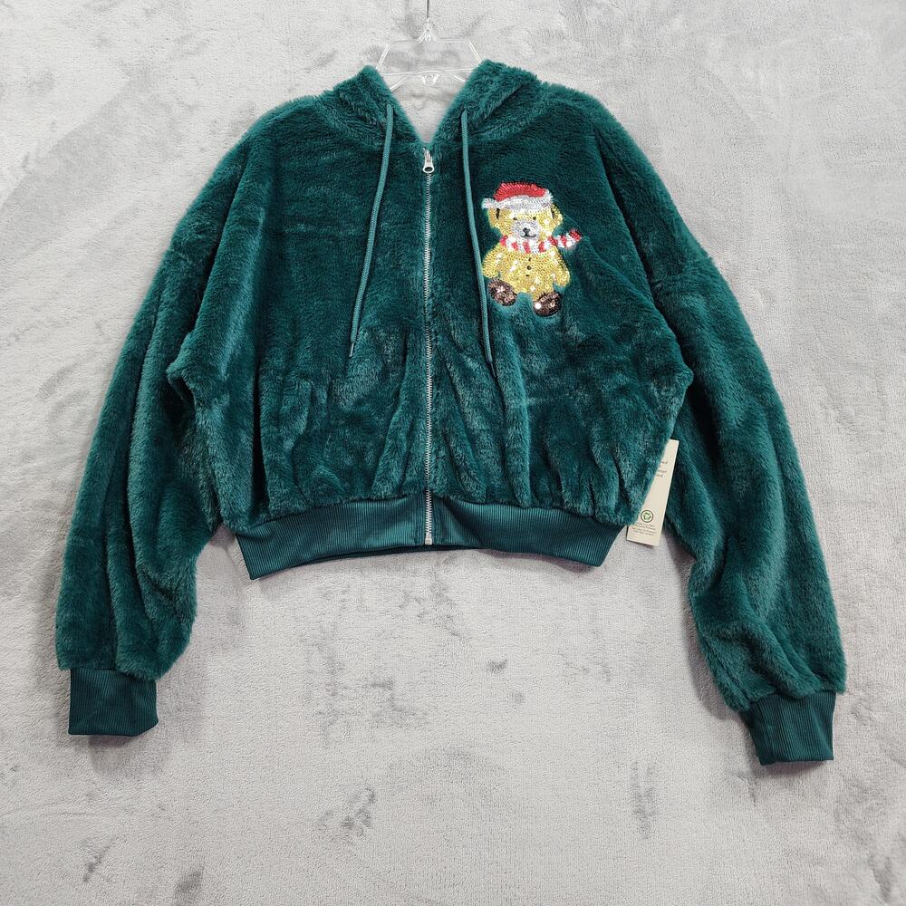 No Boundaries Jacket Womens M Green Faux Fur Crop Hoodie Sequin Bear Christmas